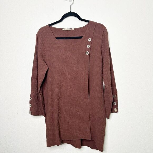 Soft Surroundings Kaari Button Wrap Tunic Top Women L Brown Crinkle Gauze 2CV74 - Picture 1 of 13